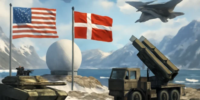Imagem representando os EUA e Dinamarca blindando a Groenlândia, instalando radar e reforçando defesa contra China e Rússia, destacando 'eua dinamarca vão blindar'.