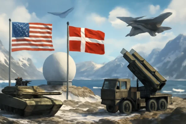 Imagem representando os EUA e Dinamarca blindando a Groenlândia, instalando radar e reforçando defesa contra China e Rússia, destacando 'eua dinamarca vão blindar'.