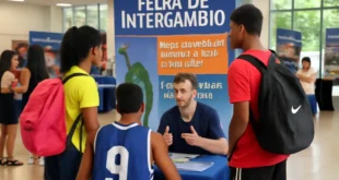 Imagem da feira de intercâmbio em Salvador oferece bolsas de estudo para jovens atletas cursarem ensino médio no exterior, representada em uma capa horizontal 16:9.