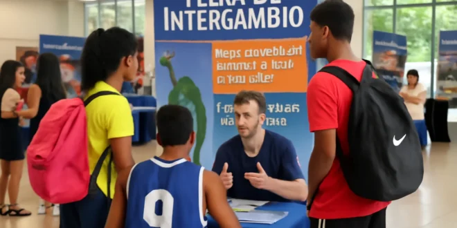 Imagem da feira de intercâmbio em Salvador oferece bolsas de estudo para jovens atletas cursarem ensino médio no exterior, representada em uma capa horizontal 16:9.