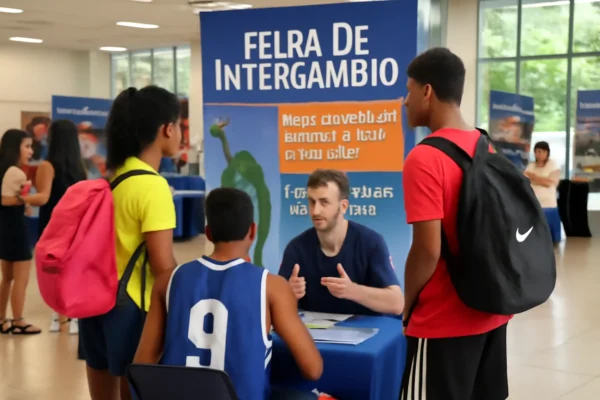 Imagem da feira de intercâmbio em Salvador oferece bolsas de estudo para jovens atletas cursarem ensino médio no exterior, representada em uma capa horizontal 16:9.