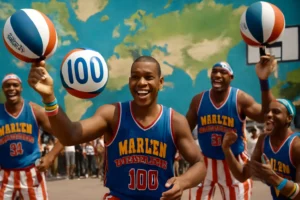 Imagem de capa 16:9 representando os Harlem Globetrotters completam 100, mostrando diversão e basquete conquistando o mundo todo