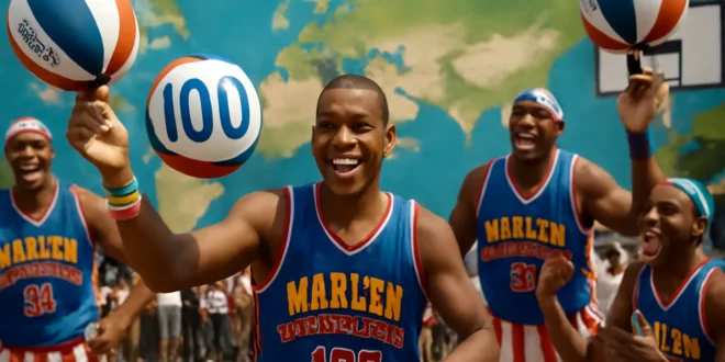 Imagem de capa 16:9 representando os Harlem Globetrotters completam 100, mostrando diversão e basquete conquistando o mundo todo