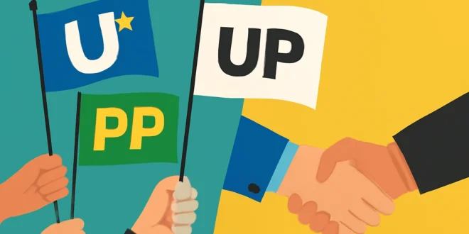 Capa horizontal representando a federação união PP abre mão da sigla UP para aprovação pelo TSE em março, símbolo de união política