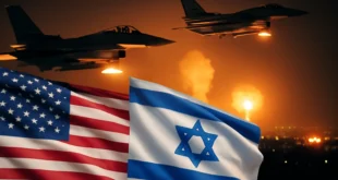 Imagem representando EUA e Israel atacando o Irã em uma ação coordenada, refletindo a tensão entre os países