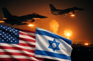 Imagem representando EUA e Israel atacando o Irã em uma ação coordenada, refletindo a tensão entre os países