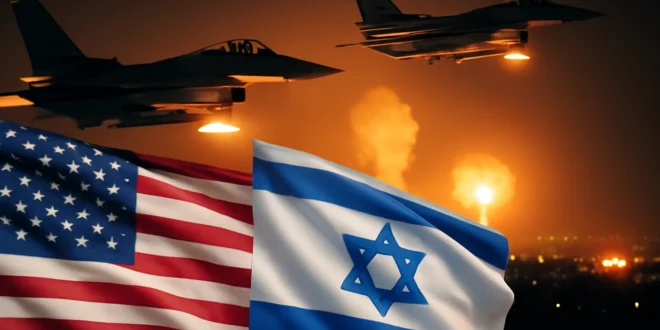 Imagem representando EUA e Israel atacando o Irã em uma ação coordenada, refletindo a tensão entre os países