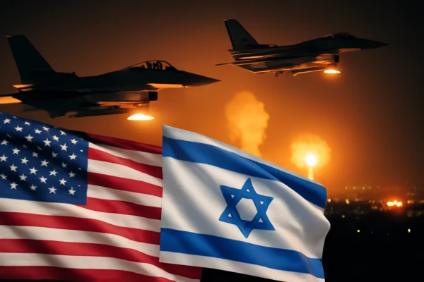 Imagem representando EUA e Israel atacando o Irã em uma ação coordenada, refletindo a tensão entre os países