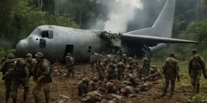 Imagem horizontal de um avião Hércules com dezenas de soldados, representando acidente em Puerto Leguízamo, Putumayo