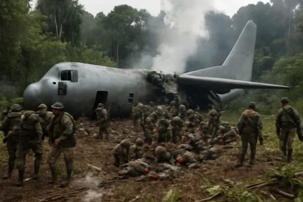 Imagem horizontal de um avião Hércules com dezenas de soldados, representando acidente em Puerto Leguízamo, Putumayo