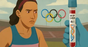 Imagem horizontal ilustrando o debate esportivo sobre decidir banir mulheres trans com teste genético nos Jogos Olímpicos.