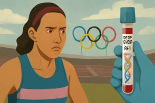 Imagem horizontal ilustrando o debate esportivo sobre decidir banir mulheres trans com teste genético nos Jogos Olímpicos.