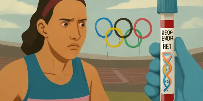 Imagem horizontal ilustrando o debate esportivo sobre decidir banir mulheres trans com teste genético nos Jogos Olímpicos.