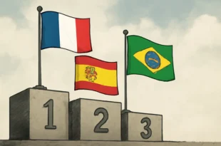 Imagem de capa horizontal 16:9 representando França ultrapassa Espanha e lidera ranking da FIFA, Brasil cai para sexto lugar, sem textos escritos.