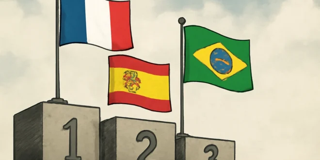 Imagem de capa horizontal 16:9 representando França ultrapassa Espanha e lidera ranking da FIFA, Brasil cai para sexto lugar, sem textos escritos.