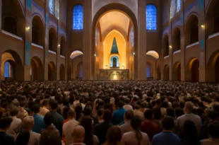 Imagem horizontal de 16:9 mostrando milhares lotando o santuário Nossa Senhora Aparecida na Páscoa, com movimento intenso ao final do dia.