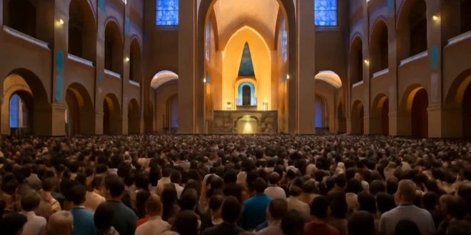 Imagem horizontal de 16:9 mostrando milhares lotando o santuário Nossa Senhora Aparecida na Páscoa, com movimento intenso ao final do dia.