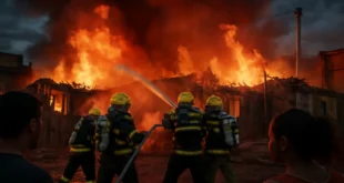 Imagem de cobertura ao vivo bombeiros controlando incêndio devastador em Piracicaba