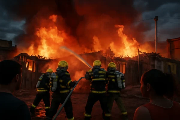 Imagem de cobertura ao vivo bombeiros controlando incêndio devastador em Piracicaba