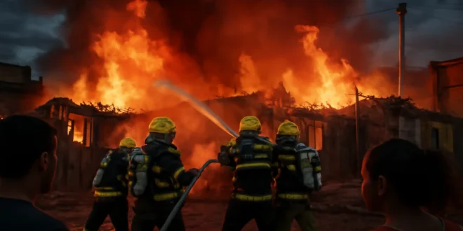 Imagem de cobertura ao vivo bombeiros controlando incêndio devastador em Piracicaba