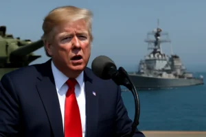 Imagem mostrando Donald Trump em uma cena que representa a tensão entre EUA e Irã, relacionada ao discurso de Trump diz que EUA atacarão com mais força.