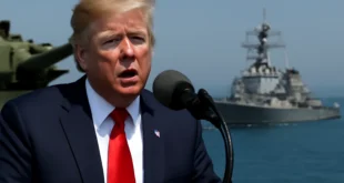 Imagem mostrando Donald Trump em uma cena que representa a tensão entre EUA e Irã, relacionada ao discurso de Trump diz que EUA atacarão com mais força.