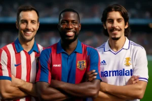 Capa horizontal 16:9 mostrando fãs e jogadors usando camisas retrô da LaLiga usa camisas retrô