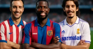 Capa horizontal 16:9 mostrando fãs e jogadors usando camisas retrô da LaLiga usa camisas retrô