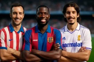 Capa horizontal 16:9 mostrando fãs e jogadors usando camisas retrô da LaLiga usa camisas retrô