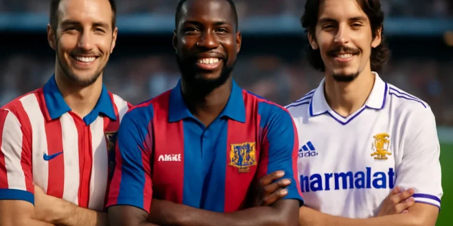 Capa horizontal 16:9 mostrando fãs e jogadors usando camisas retrô da LaLiga usa camisas retrô