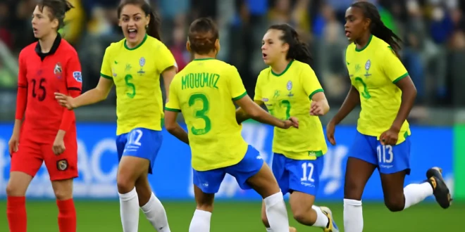 Imagem horizontal 16:9 representando a seleção feminina de futebol goleando a Coreia do Sul na estreia da Fifa Series, surpreendendo o mundo.