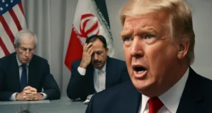 Imagem horizontal representando negociações fracassadas EUA e Irã, com aspectos militares e políticos, relacionado às 'negociações eua irã fracassam'.