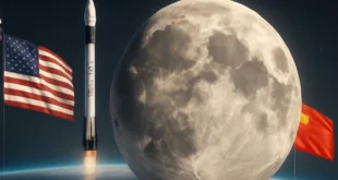 Imagem de capa horizontal 16:9 representando a Lua e a corrida pelo hélio-3 entre EUA, China e SpaceX, destacando o valor da Lua pode valer US$5 quadrilhões.