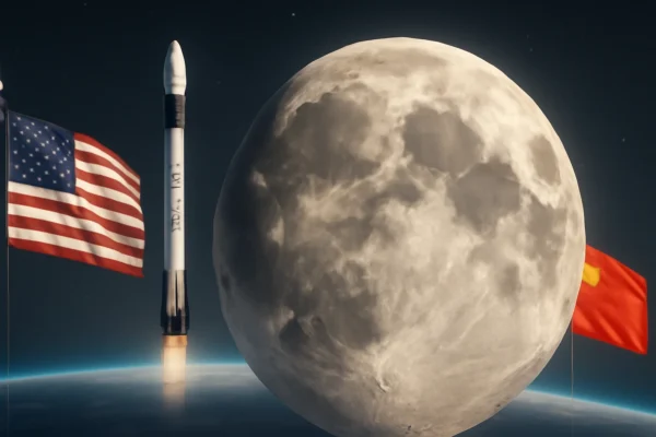 Imagem de capa horizontal 16:9 representando a Lua e a corrida pelo hélio-3 entre EUA, China e SpaceX, destacando o valor da Lua pode valer US$5 quadrilhões.