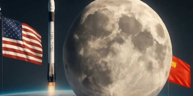 Imagem de capa horizontal 16:9 representando a Lua e a corrida pelo hélio-3 entre EUA, China e SpaceX, destacando o valor da Lua pode valer US$5 quadrilhões.