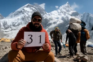 Imagem horizontal 16:9 sobre mineiro registra contagem regressiva, destacando heróis invisíveis das altas montanhas do Everest