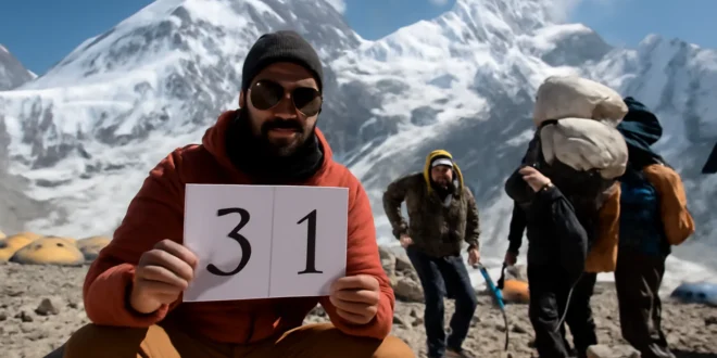 Imagem horizontal 16:9 sobre mineiro registra contagem regressiva, destacando heróis invisíveis das altas montanhas do Everest
